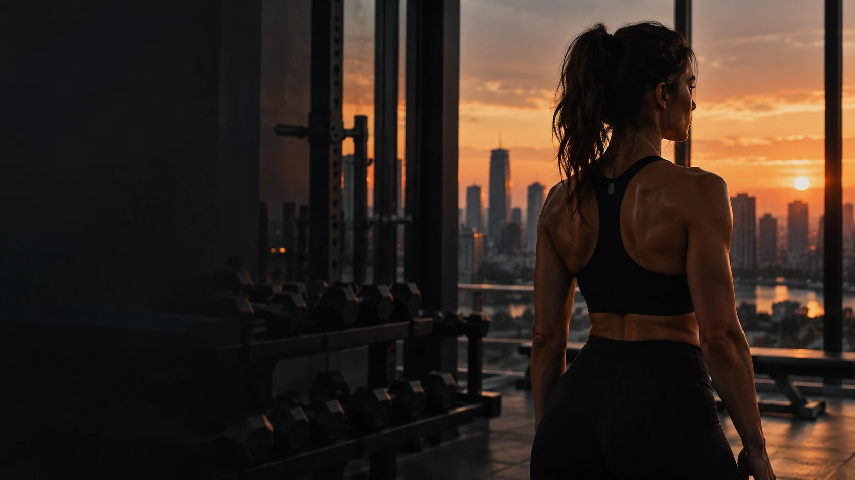 Illustrative image: a woman in training clothes looks out over a city at sunset from a gym