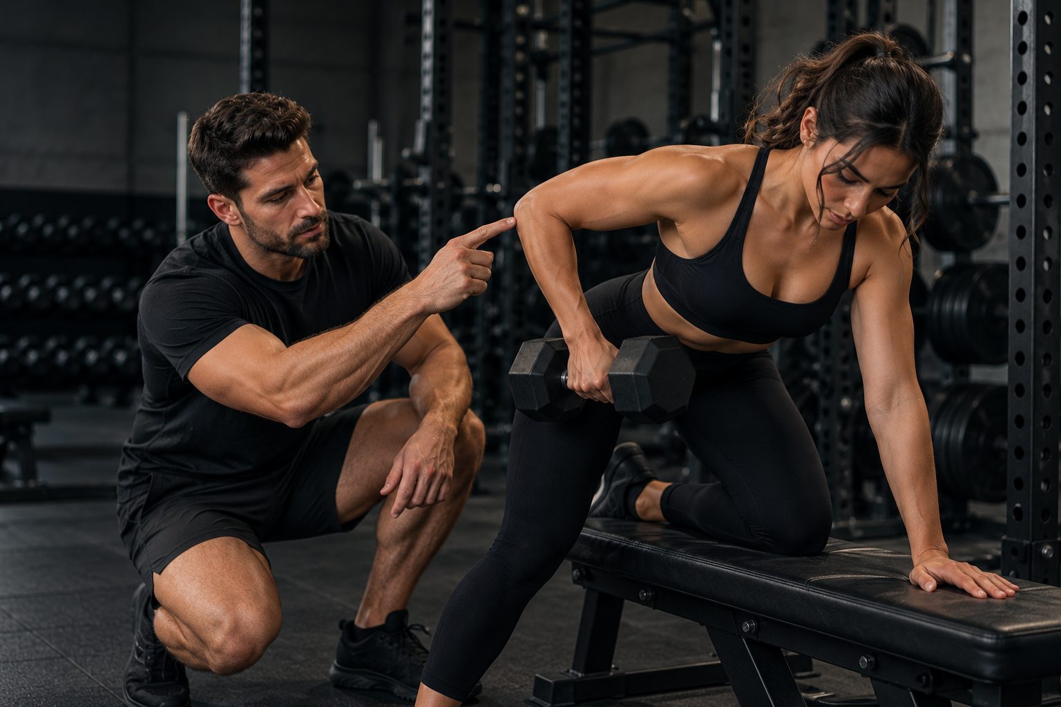 A coach points to a client's elbow during a dumbbell row